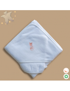 Ensemble cape de bain pliée assortie de son gant de toilette marqué French Poupon