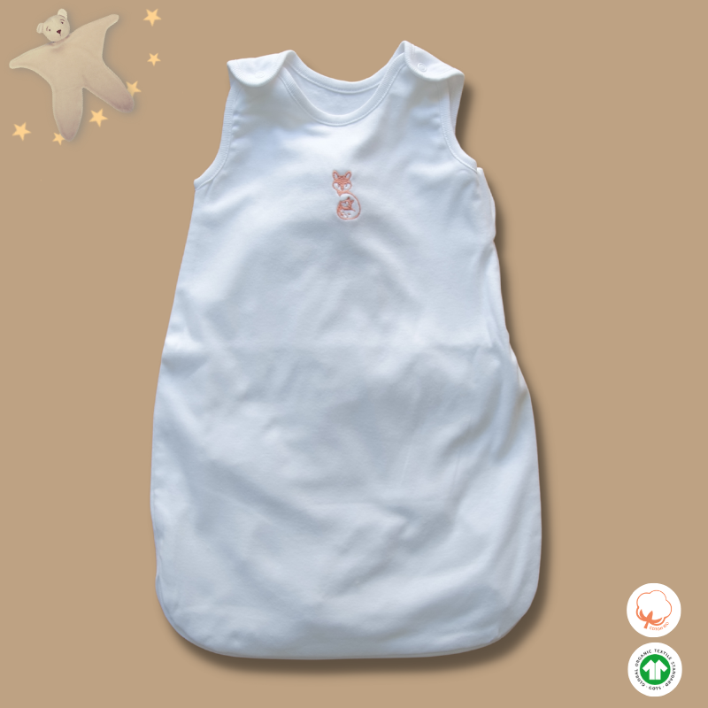 Gigoteuse été naissance blanche sans manche vue entière et de face Gigoteuse été naissance blanche sans manche vue entière et de face