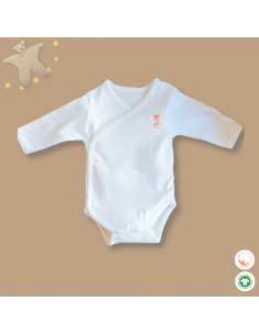 body naissance blanc à plat manches longues, forme croisée, marquage poitrine orange