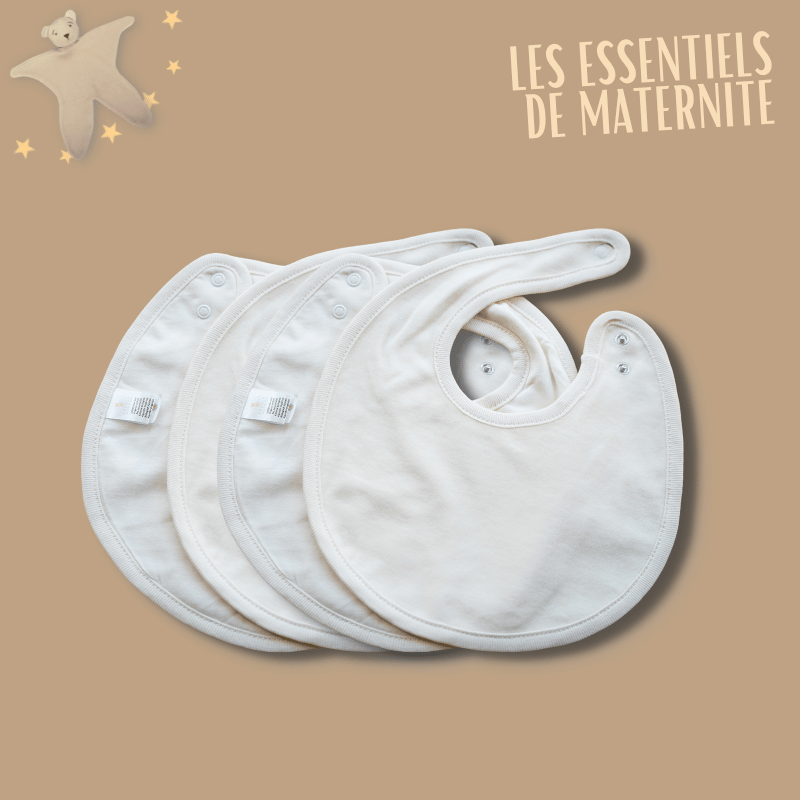 4 bavoirs écrus du pack toilette premium les essentiels de maternité composé de 2 langes blanc le tout 100% coton bio GOTS 4 bavoirs écrus du pack toilette premium les essentiels de maternité composé de 2 langes blanc le tout 100% coton bio GOTS